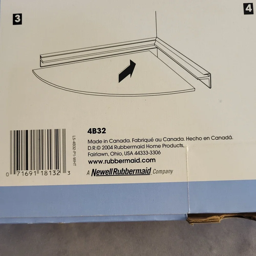 New In Box 2004 Rubbermaid Glass Corner Shelf Kit, 12 X 12 X 1.4